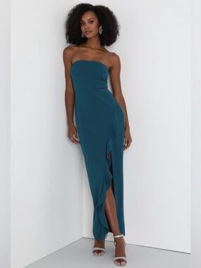 Lulus After Hours NWT size‎ Small Teal Strapless Ruffled Maxi Dress